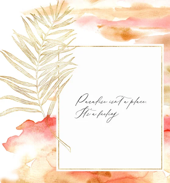 Watercolor line art frame with palm branch. Hand painted tropical abstract border with red and beige brush isolated on white background. Floral illustration for design, print, fabric or background. — Stock Photo, Image