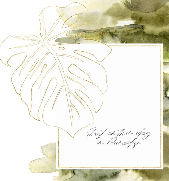 Aquarelle ligne cadre d'art avec branche monstera. Bordure abstraite tropicale peinte à la main avec pinceau vert isolé sur fond blanc. Illustration florale pour design, impression, tissu ou fond. — Photo