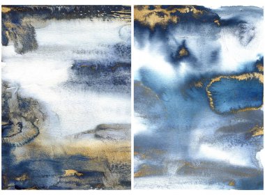 Mavi ve altın dalgalı suluboya okyanus dokusu. El boyaması deniz ya da okyanus arka planı. Tasarım, yazdırma veya arkaplan için Sucul illüstrasyonu.