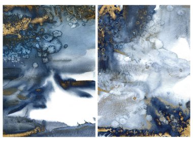 Altın ve mavi dalgalı, soyut okyanus dokusuyla suluboya. El boyaması deniz ya da okyanus arka planı. Tasarım, yazdırma veya arkaplan için Sucul illüstrasyonu.