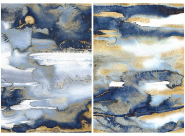 Altın ve mavi dalgalı suluboya okyanus soyut dokusu. El boyaması deniz ya da okyanus arka planı. Tasarım, yazdırma veya arkaplan için Sucul illüstrasyonu.