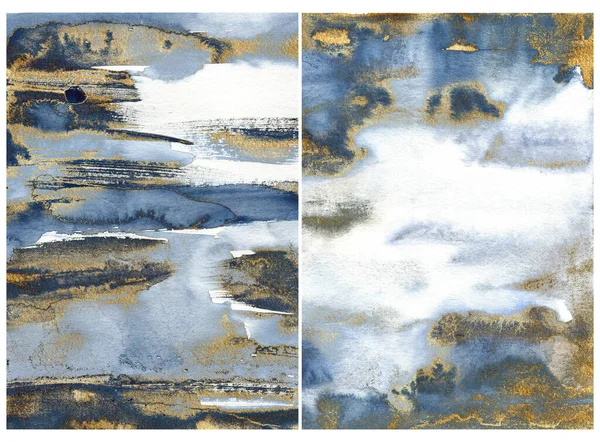 水彩画的海洋抽象质感与蓝色和金色的波浪。手绘大海或大海背景。用于设计、印刷或背景的水图解. — 图库照片