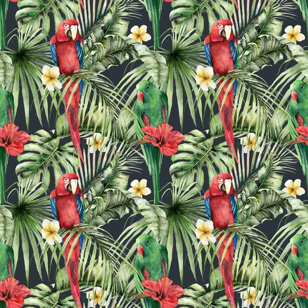 Aquarelle motif tropical sans couture avec perroquets, plumeria et hibiscus. Oiseaux, fleurs et feuilles de palmier peints à la main. Illustration florale isolée sur fond noir pour la conception, l'impression ou le fond. — Photo