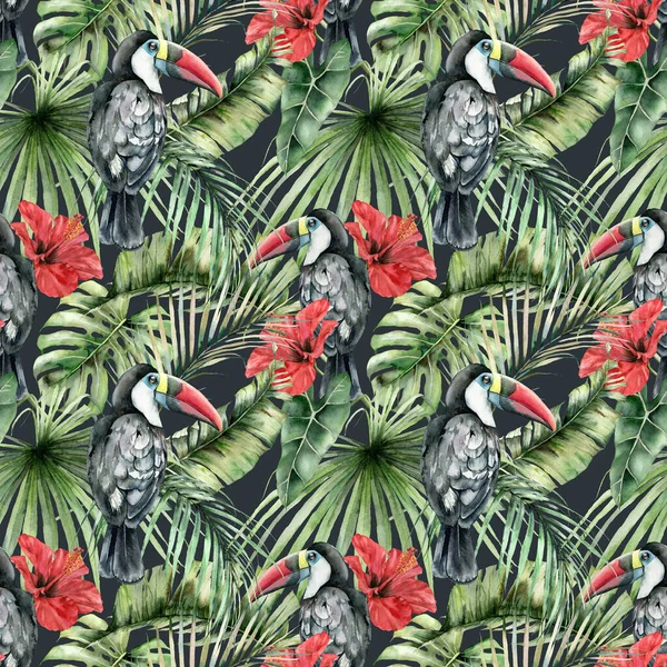Tukanlarla ve tropikal amfibiklerle suluboya desenli. El boyaması kuşlar, çiçekler ve orman palmiyesi yaprakları. Çiçek illüstrasyonu tasarım, baskı veya arkaplan için siyah arkaplanda izole edildi.