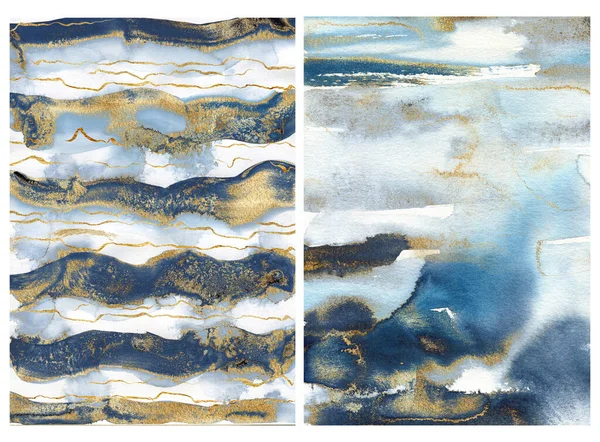 Aquarel oceaan abstracte textuur met blauwe, witte en gouden golven. Handgeschilderde zee of oceaan achtergrond. Aquatische illustratie voor ontwerp, druk of achtergrond. — Stockfoto