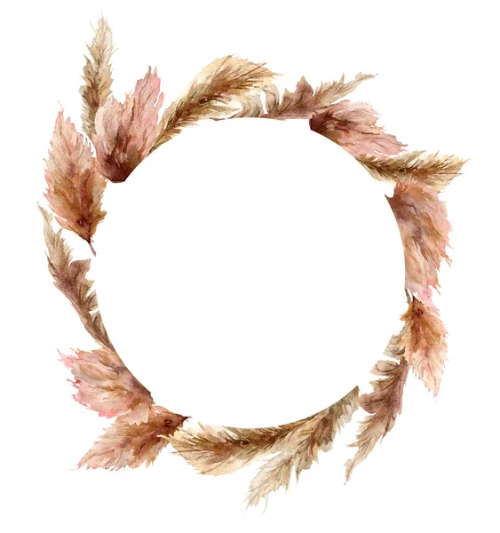 Watercolor wreath with pampas grass. Hand painted exotic dry leaves isolated on white background. Floral illustration for design, print, fabric or background.