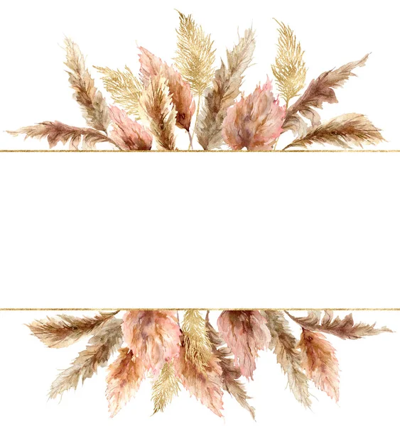 Akvarell tropisk banner med torra pampas gräs och guld texturer. Handmålade exotiska växt isolerad på vit bakgrund. Blommig illustration för design, tryck, tyg eller bakgrund. — Stockfoto