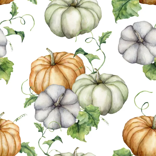 Zucche acquerello e foglie modello senza soluzione di continuità. Gourds dipinte a mano blu, verde e arancio isolato su sfondo bianco. Festa del raccolto autunnale. Illustrazione botanica per la progettazione, stampa, sfondo. — Foto Stock