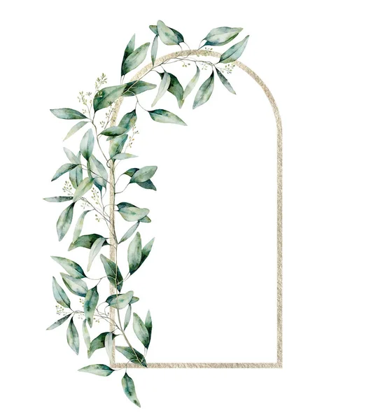 Watercolor gold border with eucalyptus branch and leaves. Hand painted exotic card with plant isolated on white background. Floral illustration for design, print, fabric or background. — Stock Photo, Image