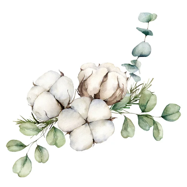 Bouquet d'automne aquarelle avec branches de coton et d'eucalyptus. Carte rustique peinte à la main isolée sur fond blanc. Illustration florale pour design, impression, tissu ou fond. — Photo