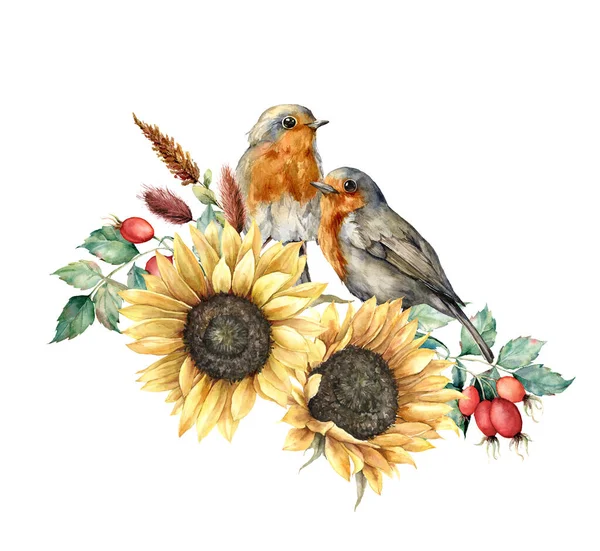 Akvarel podzimní kytice s červenými prsy, slunečnicemi, bobulemi, listy a dogrosy. Ručně malované rustikální karta izolované na bílém pozadí. Květinová ilustrace pro design, tisk, tkaniny nebo pozadí. — Stock fotografie