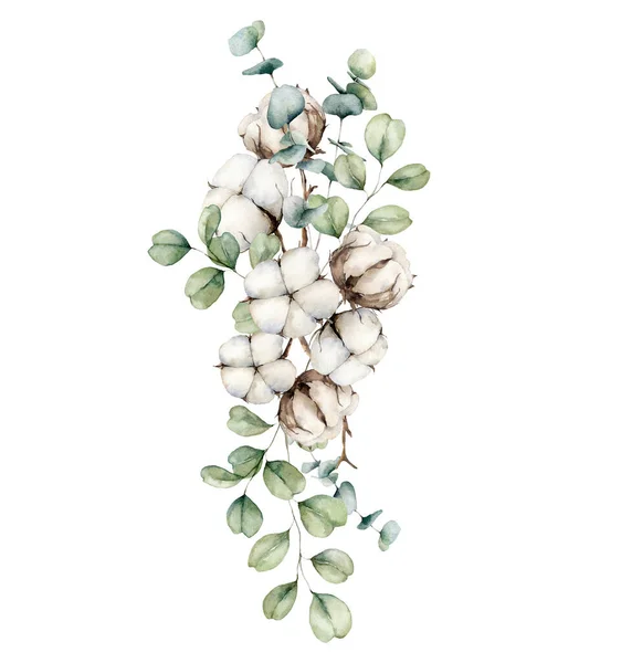 Acuarela otoño ramo vertical con ramas de algodón y eucalipto. Tarjeta rústica pintada a mano aislada sobre fondo blanco. Ilustración floral para diseño, impresión, tela o fondo. — Foto de Stock