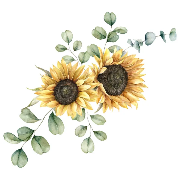 Buket musim gugur berwarna air dengan bunga matahari dan cabang eukaliptus. Tangan dicat kartu pedesaan terisolasi pada latar belakang putih. Ilustrasi Floral untuk desain, cetak, kain atau latar belakang. — Stok Foto