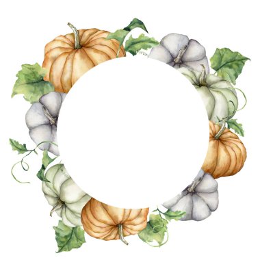 Suluboya sonbahar çemberi sınırı balkabağı ve yapraklarla. Beyaz arka planda izole edilmiş kabak kabaklarıyla el boyaması çerçeve. Tasarım, baskı, kumaş veya arkaplan için çiçek çizimi.
