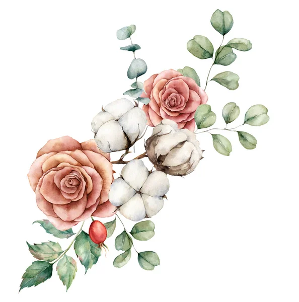 Watercolor autumn bouquet with cotton, roses, dogroses and eucalyptus branches. Hand painted rustic card isolated on white background. Floral illustration for design, print, fabric or background.