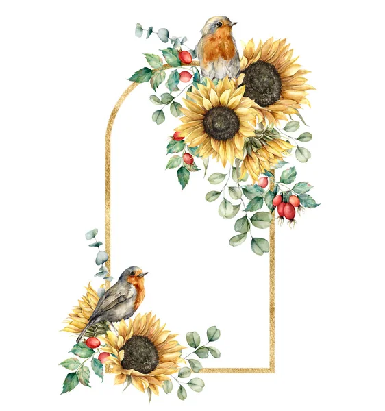Aquarel herfst gouden frame met rode borst, zonnebloemen, bessen en eucalyptus bladeren. Handgeschilderde rand geïsoleerd op witte achtergrond. Bloemen illustratie voor ontwerp, print, stof of achtergrond. — Stockfoto