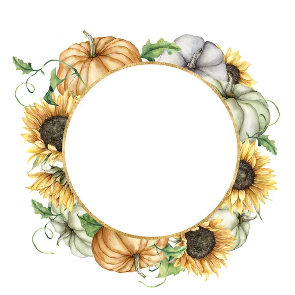 Watercolor autumn circle frame with sunflowers, pumpkins and leaves. Hand painted gold border with gourds isolated on white background. Floral illustration for design, print, fabric or background. — Stock Photo, Image