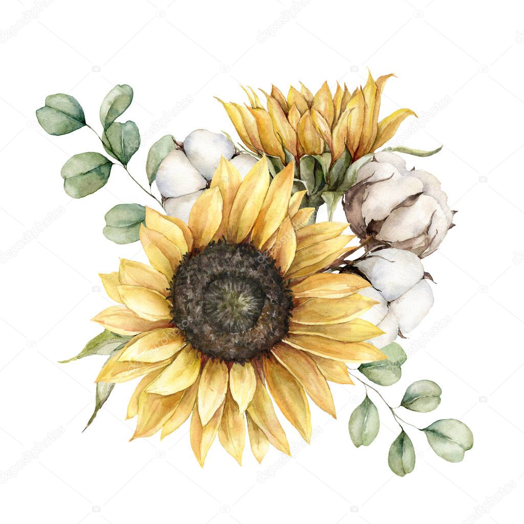 Watercolor autumn bouquet with sunflowers and cotton. Hand painted rustic card isolated on white background. Floral illustration for design, print, fabric or background.