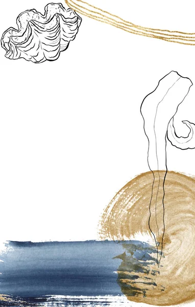 Aquarel klassieke blauwe en gouden kaart met schelp. Handgeschilderde lijn kunstframe met onderwaterdieren. Mariene illustratie voor ontwerp, druk, stof of achtergrond. — Stockfoto