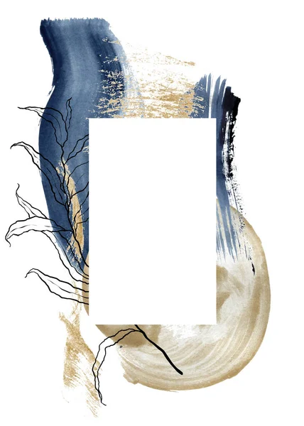 유칼립투스 나무 가지가 있는 워터 컬러 클래식 블루 카드. 손으로 그린 선 예술틀은 식물로 되어 있다. 설계, 인쇄, 직물, 배경에 대한 해양 삽화. — 스톡 사진