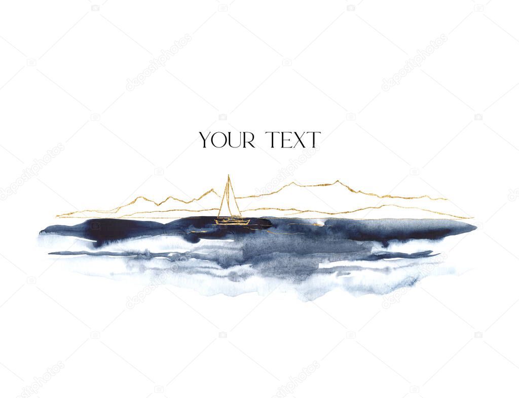 Watercolor minimalistic seascape with golden mountains and boat. Hand painted linear card on white background. Oceanic illustration for design, print, fabric or background.