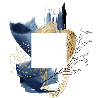 Siyah okaliptüs dallı suluboya mavi kart. Elle boyanmış kare çerçeve ve bitki. Tasarım, baskı, kumaş veya arkaplan için deniz çizimi.