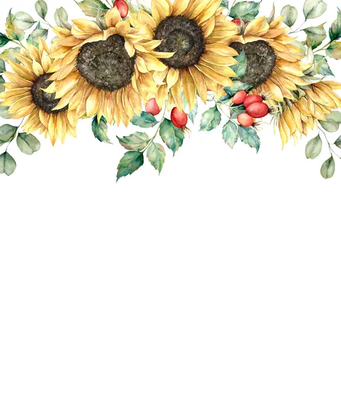 Aquarell-Herbstkarte mit Sonnenblumen, Beeren, Eukalyptusblättern und Hagebutten. Handgemalte Komposition isoliert auf weißem Hintergrund. Florale Illustration für Design, Druck, Stoff oder Hintergrund. — Stockfoto