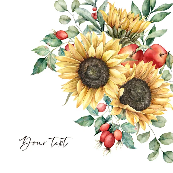 Akvarell őszi üdvözlőlap napraforgókkal, levelekkel, almákkal és csipkebogyókkal. Kézzel festett rusztikus kompozíció elszigetelt fehér háttérrel. Virágillusztráció tervezés, nyomtatás, szövet, háttér. — Stock Fotó