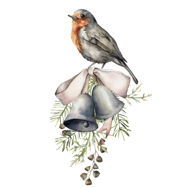 Aquarell Weihnachtskomposition mit Vogel, silberner Schleife und Glocken. Handgemaltes Urlaubsdekor mit Tannenzweig isoliert auf weißem Hintergrund. Vintage-Illustrationen für Design, Druck, Stoff oder Hintergrund. — Stockfoto