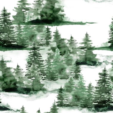 Kış yeşili ormanlı suluboya Noel desenleri. El boyaması köknar ağaçları ve beyaz arka planda izole edilmiş kar çizimleri. Tasarım, baskı, kumaş veya arkaplan için tatil illüstrasyonu.
