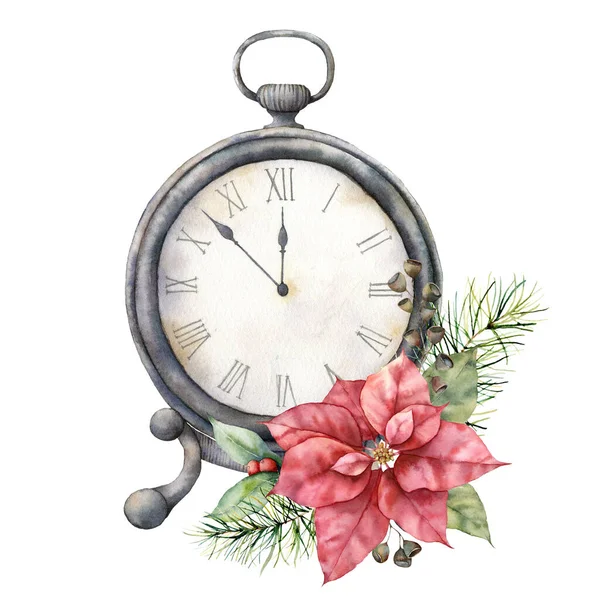 Reloj de mesa vintage acuarela con poinsettia. Ilustración navideña con reloj vintage aislado sobre fondo blanco. Cinco minutos para las doce de Año Nuevo. Para diseño, impresión o fondo. —  Fotos de Stock