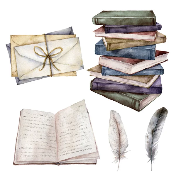 Conjunto vintage aquarela com livro, pena e envelopes. Pintado à mão pilha de livros isolados sobre fundo branco. Ilustração para design, impressão, tecido ou fundo. — Fotografia de Stock