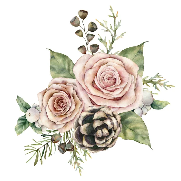 Tarjeta de Navidad acuarela con rosas, piña y rama de abeto. Composición floral pintada a mano con flores, semillas y bayas aisladas sobre fondo blanco. Ilustración para diseño, impresión, fondo. — Foto de Stock