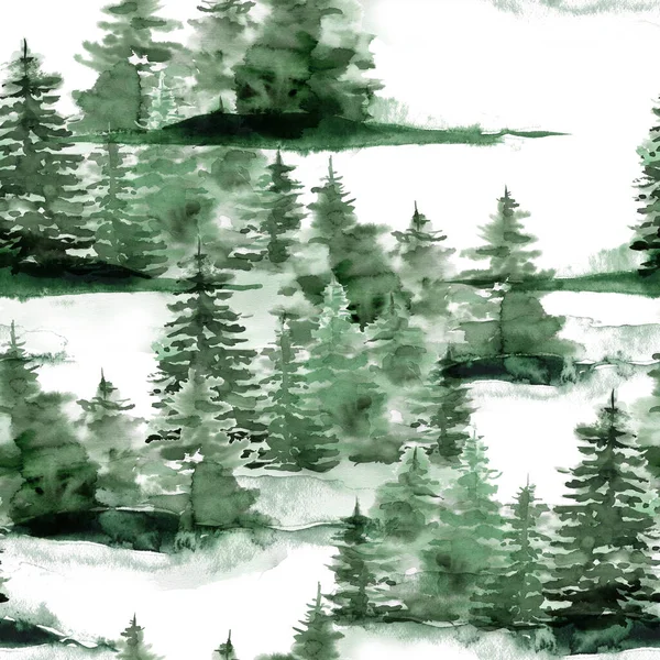 Aquarelle motif sans couture de Noël avec forêt verte d'hiver. Sapins peints à la main et illustration de neige isolés sur fond blanc. Illustration de vacances pour le design, l'impression, le tissu ou le fond. — Photo