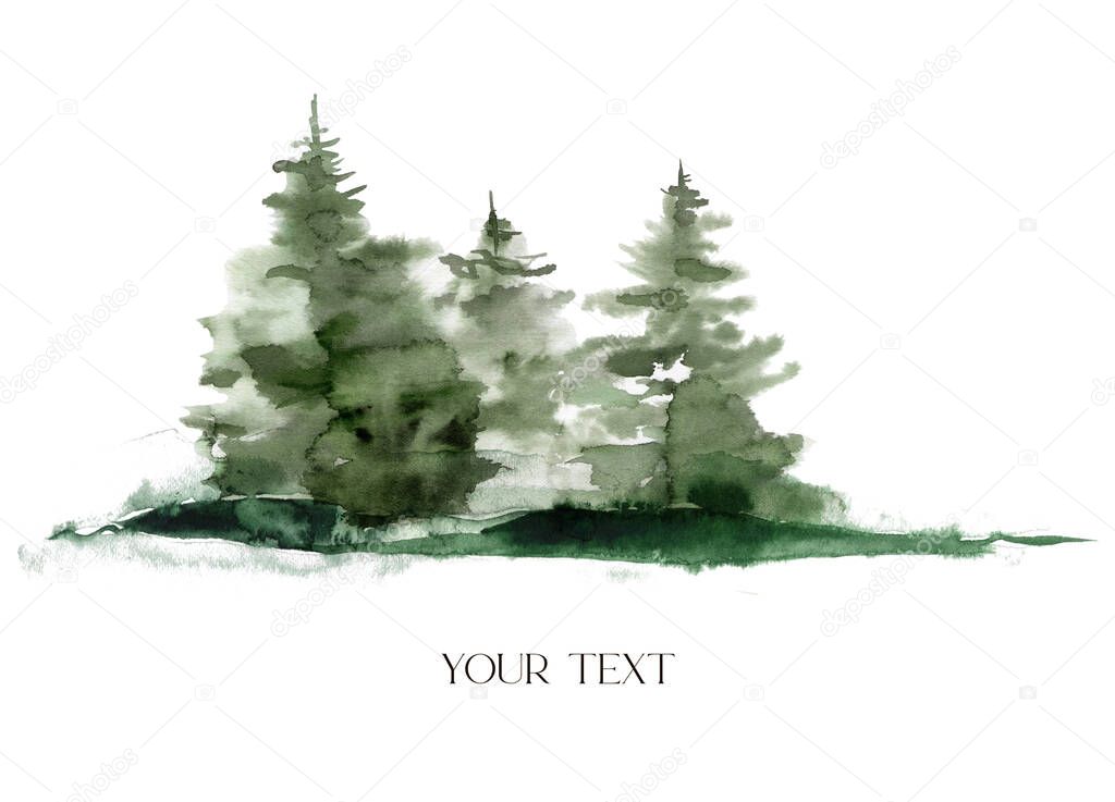 Watercolor winter forest composition. Hand painted fir trees illustration isolated on white background. Holiday clip art for design, print, fabric or background. Christmas card.