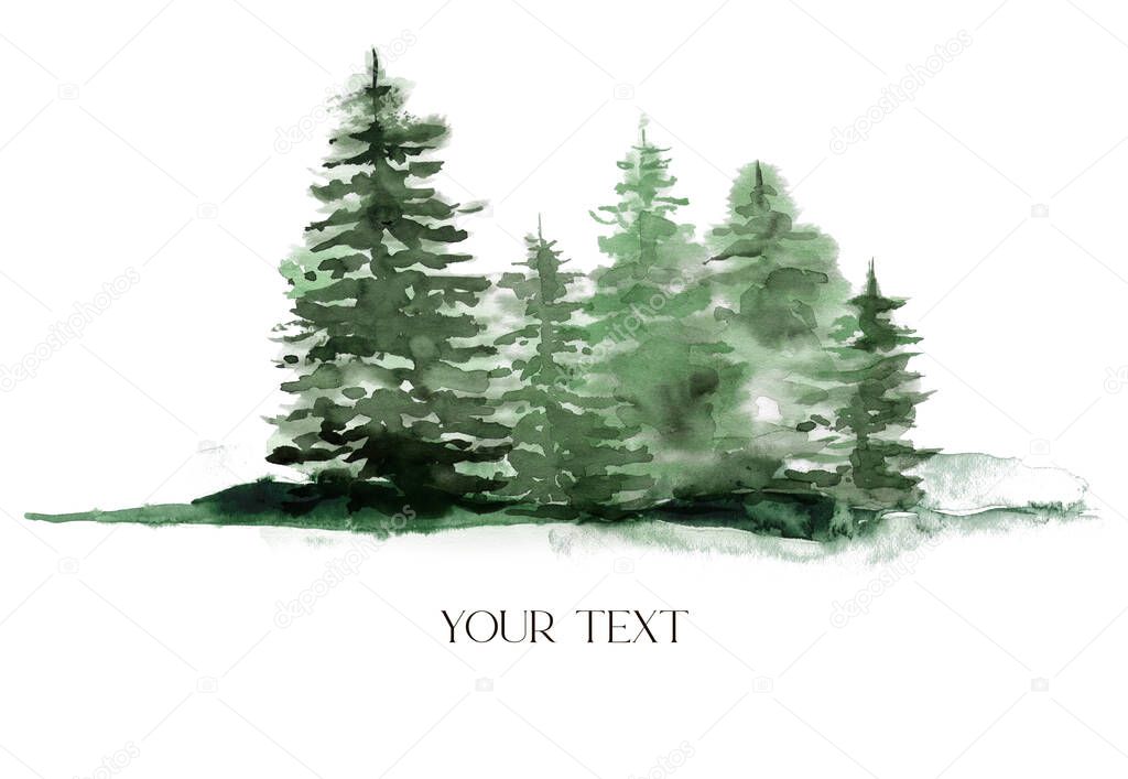 Watercolor winter green forest. Hand painted foggy fir trees illustration isolated on white background. Holiday clip art for design, print, fabric or background. Christmas card.
