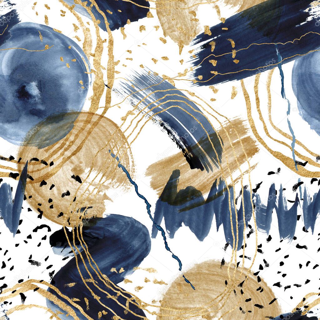 Watercolor seamless pattern with dark blue and golden textures. Hand painted abstract beautiful illustration isolated on white background for design, print, fabric or background.