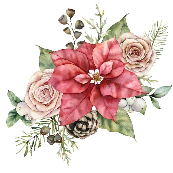 Акварель рождественский букет с красной poinsettia, розовые розы и сосновые шишки. Ручная роспись цветов, листьев и снежных ягод изолированы на белом фоне. Иллюстрация для дизайна, печати или фона. — стоковое фото