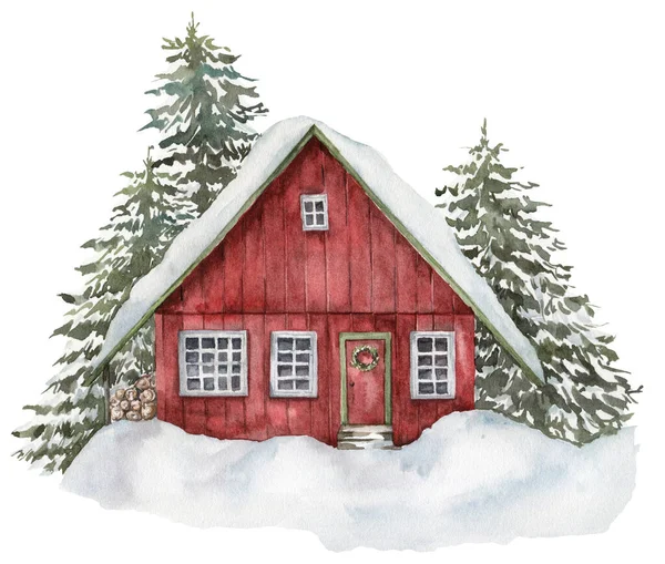 Watercolor red house in winter forest. Hand painted Christmas illustration with fir trees and snow isolated on white background. Holiday card for design, print, fabric or background. — Stock Photo, Image