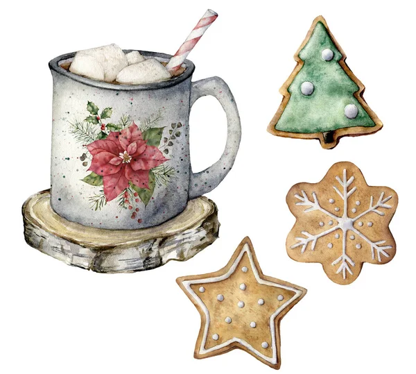 Conjunto de Natal aquarela com caneca de prata, pastelaria e cacau. Copo pintado à mão, marshmallow e biscoitos isolados em fundo branco. Símbolos de férias. Ilustração da moda sazonal para design ou impressão. — Fotografia de Stock