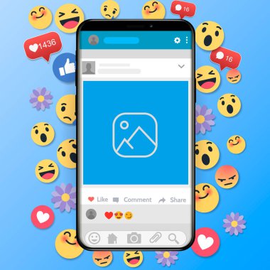 Emoji mutlu gülen tasarım ile hareket eden telefon. 3D duygu konsept illüstrasyon arka plan
