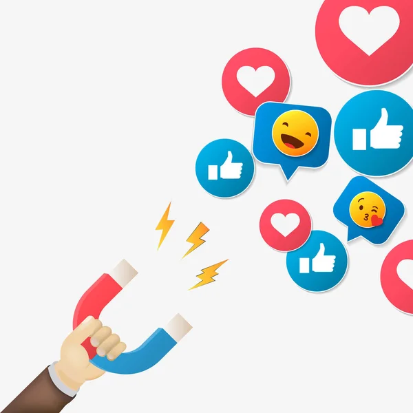 Social-Media-Konzeptvektorillustration mit Magneten, die Follower und Likes fesseln. Einfluss auf Marketing oder virale Werbekampagne. — Stockvektor