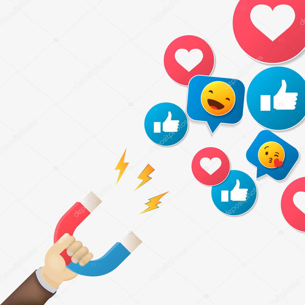 Social media concept vector illustration with magnet engaging followers and likes. Influence marketing or viral advertising campaign.