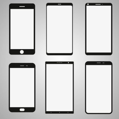 Gerçekçi cep telefonu koleksiyonu yeni iphone tarzı. Beyaz ve siyah smartphone üzerinde gri arka plan izole gölge ile. Tasarım, web sitesi, kalkınma app için cep telefonu şablon.