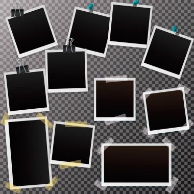 Saydam bir arka plan üzerinde izole gölge ile boş retro fotoğraf kümesi. Gerçekçi boş fotoğraf çerçeveleri, mockup şablonu. Vektör çizim Eps10.