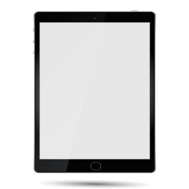 Yeni gerçekçi beyaz Tablet Pc bilgisayar boş ekran izole arka plan üzerinde. Şablon, proje, tanıtım veya afiş için kullanabilirsiniz. Sahte elektronik aygıtı, aygıt kurmak. Vektör çizim.