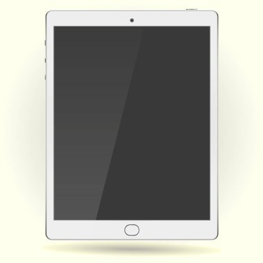 Yeni gerçekçi beyaz Tablet Pc bilgisayar boş ekran izole arka plan üzerinde. Şablon, proje, tanıtım veya afiş için kullanabilirsiniz. Sahte elektronik aygıtı, aygıt kurmak. Vektör çizim.