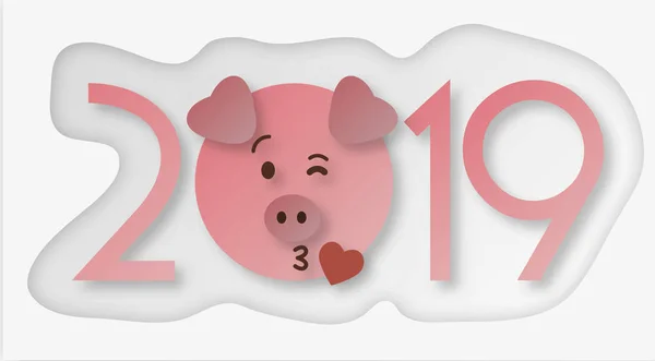 Happy new year banner, head of the pig, animal symbol of 2019, congratulation text. Celebration red background for your poster, greeting card, banner design, paper cut out style, vector illustration.