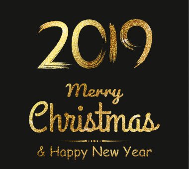 2019 mutlu yeni yıl altın metin tebrik kartıyla altın glitter için yıldızlar, takvim, davet. Vektör çizim.