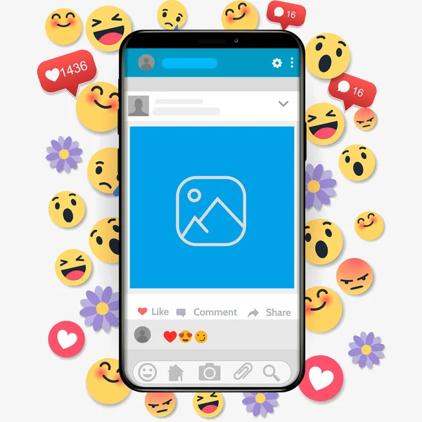 Emoji šťastný veselý design s mobilním telefonem. 3D pozadí obrázku pojetí emocí. — Stockový vektor